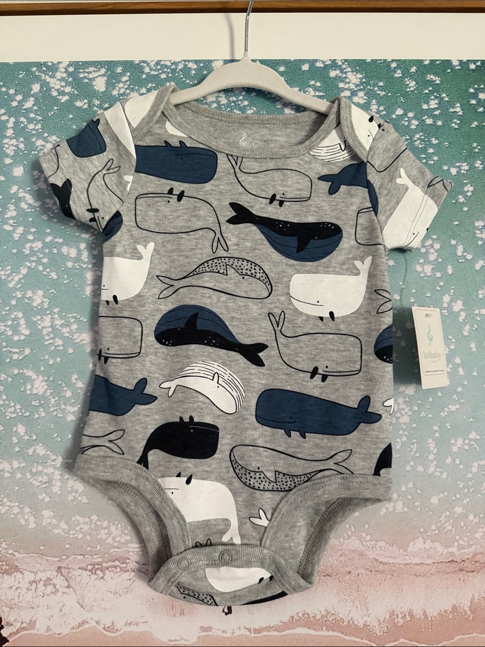 Lullaby Whale Print Short-Sleeve One-Piece Bodysuit - Gray/Blue